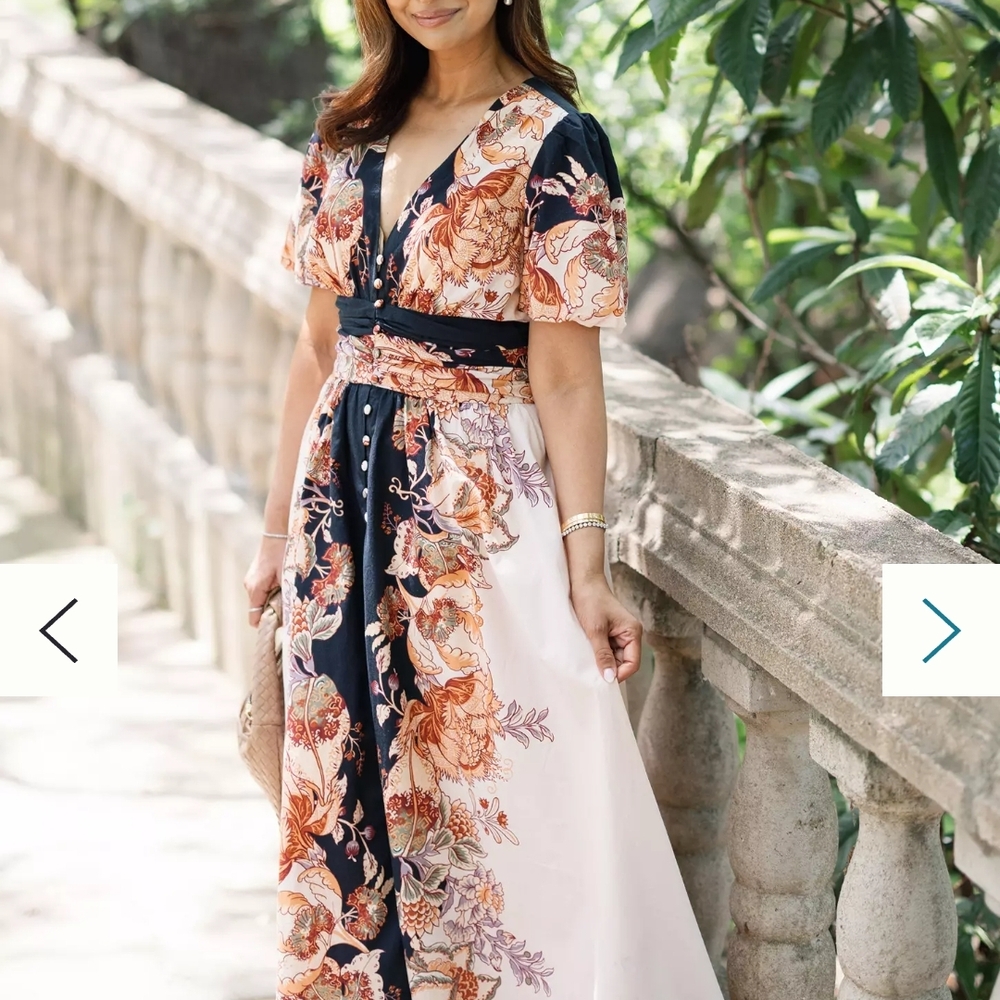 Anthropologie Black and Cream Floral Katerina Button-Front Dress
